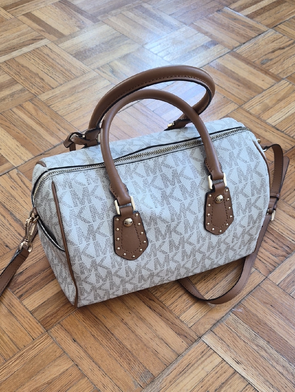 Michael Kors Beige Monogram Satchel with Brown Trim - With Its Original Dust Bag